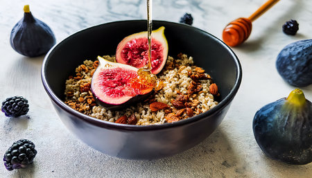Granola Bowl with Fresh Figs, Blackberries, and Walnutsの素材