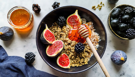 Granola Bowl with Fresh Figs, Blackberries, and Walnutsの素材