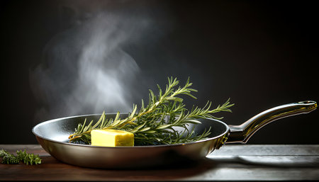 A close-up image of a stainless steel pan containing fresh rosemary sprigs and a melting pat of butter, releasing aromatic steam on a dark background, perfect for culinary and kitchen themes.の素材