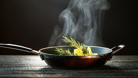 A close-up image of a skillet containing a steaming lemon and rosemary sprigs, placed on a dark kitchen counter, evoking a sense of warmth and culinary preparation.の素材