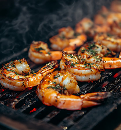 Delicious shrimp being cooked on a charcoal grill, seasoned with herbs and spices, emitting a mouthwatering aroma with smoke rising from the grill.の素材