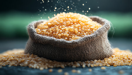 Close-up image of a burlap sack overflowing with whole wheat grains, spilling onto a rustic wooden table against a blurred green background. Perfect for healthy eating and organic food concepts.の素材
