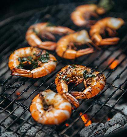 Juicy grilled shrimp cooking on a charcoal barbecue, seasoned with herbs and spices, creating a mouthwatering summer meal.の素材