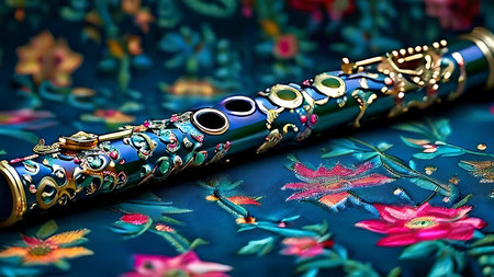 A close-up of an ornate flute resting on a vibrant floral fabric, showcasing intricate details of the musical instrument against a colorful background.の素材