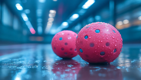 Two wet pink water polo balls with water droplets floating on the surface of a swimming pool, with a blurred indoor pool background.の素材