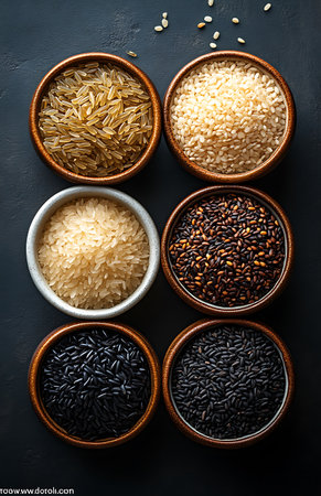 High-quality image of six bowls containing different types of rice, including brown, white, black, and mixed rice, arranged neatly on a dark background. Perfect for food photography, culinary art, and healthy lifestyle themes.の素材