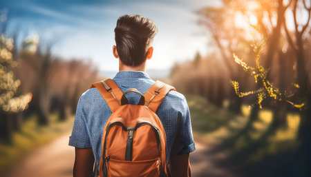 A young man hiking in nature with a backpack during sunset, capturing the essence of adventure and tranquility.の素材