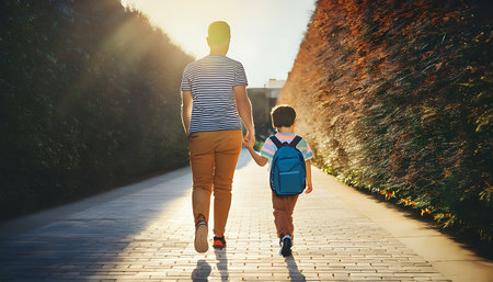 A parent and child walking hand in hand on a scenic nature trail during sunset, surrounded by lush greenery and tall trees, capturing a moment of family bonding and outdoor adventure.の素材