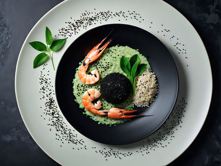 Elegant presentation of a gourmet shrimp and caviar dish with green sauce and sesame seeds, garnished with fresh greens on a dark plate against a dark background.の素材