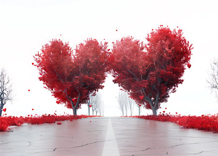 A captivating image of two majestic red autumn trees standing at the end of a pathway, surrounded by a serene forest with fallen leaves creating a picturesque scene.の素材