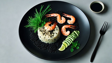 Delicious sushi roll featuring succulent shrimp, creamy avocado, and tangy lime garnished with sesame seeds on a sleek black plate, perfect for a sophisticated dining experience.の素材