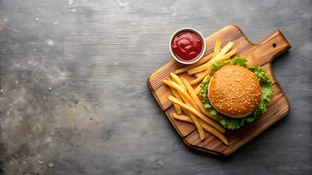 A mouthwatering burger accompanied by crispy golden fries and a side of ketchup, all served on a rustic wooden board. Perfect for a casual meal or a fast food craving.の素材