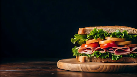 A mouth-watering ham and cheese sandwich topped with fresh lettuce and ripe tomato slices, beautifully presented on a rustic wooden cutting board.の素材
