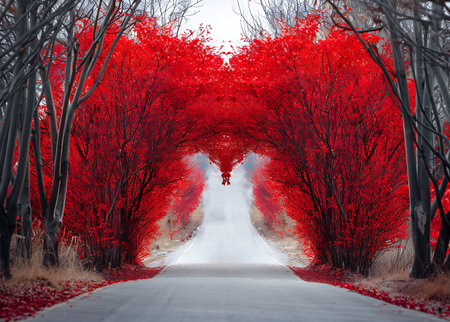 A picturesque winter scene featuring a snowy road lined with vibrant red maple trees forming a stunning natural tunnel. The contrast of the red leaves and white snow creates a breathtaking and serene atmosphere, perfect for winter holidays and nature lovers.の素材