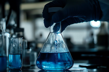 A scientist wearing gloves is carefully pouring blue liquid into a conical flask in a laboratory setting, surrounded by various scientific equipment.の素材