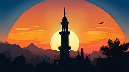 A captivating image of a minaret silhouetted against a vibrant sunset, with a cityscape, mountains, and a bird in the background. The warm colors and serene atmosphere create a picturesque scene.の素材