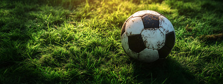 A close-up of a soccer ball resting on vibrant green grass with the warm glow of a sunset in the background, creating a serene and inspiring atmosphere.の素材