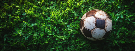 A close-up shot of a worn soccer ball resting on a vibrant green grass field, capturing the essence of football sportsmanship and outdoor activity.の素材