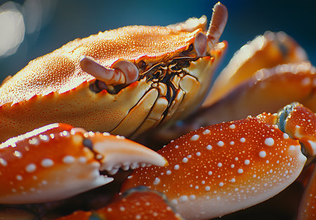 A close-up photograph of a vibrant red crab with intricate shell patterns and detailed claws against a blurred blue background, highlighting the natural beauty and texture of the marine creature.の素材