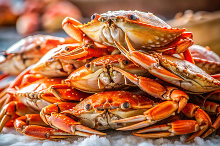 A close-up image of freshly cooked crabs on a bed of ice, showcasing their vibrant colors and textures, perfect for a seafood lover's feast.の素材