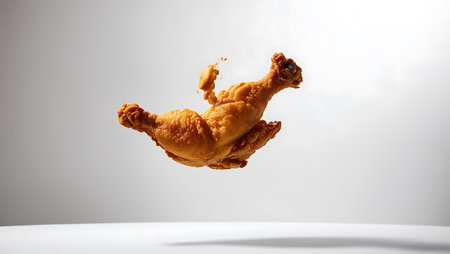A crispy fried chicken leg is captured mid-air, isolated against a clean white background, highlighting its golden-brown texture and appetizing appearance.の素材
