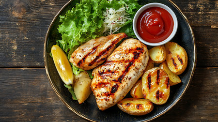 A delicious meal featuring grilled chicken breast accompanied by roasted potatoes, fresh salad, and ketchup sauce, all presented on a rustic wooden table.の素材