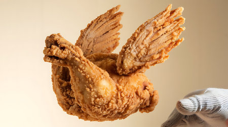 A close-up image of a crispy fried chicken wing with a textured coating, placed on a white plate. The wing is golden brown and appears freshly cooked, with a focus on the detailed texture of the breading.の素材