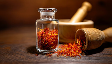 A clear glass jar filled with vibrant saffron threads is placed on a rustic wooden table alongside a wooden mortar and pestle, creating a warm and inviting atmosphere.の素材
