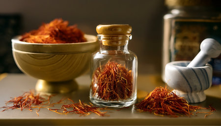 A close-up image of premium saffron threads in a glass jar, accompanied by a mortar and pestle on a kitchen counter, highlighting the vibrant orange color and texture of the spice.の素材