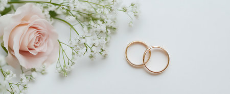A close-up photograph of two elegant wedding rings placed beside a single pink rose and delicate baby's breath flowers on a pristine white background, symbolizing love and commitment.の素材