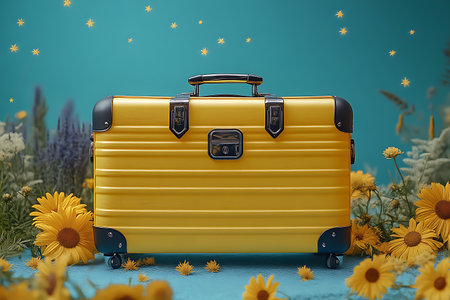 A vintage yellow suitcase surrounded by vibrant sunflowers and other flowers against a blue background with golden stars.の素材