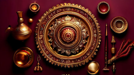 A collection of traditional Indian wedding decor featuring an intricately designed gold platter surrounded by ornate accessories including a lamp, small bowls, and decorative items against a rich burgundy background.の素材