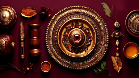 A beautifully arranged traditional Indian wedding ceremony setup featuring an intricate brass plate surrounded by various spices, decorative items, and traditional vessels on a rich maroon background.の素材