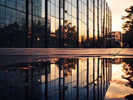 A stunning image of a modern office building reflecting in a puddle during sunset, capturing the essence of urban architecture and natural beauty.の素材