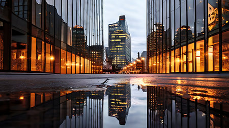 A captivating nighttime cityscape featuring skyscrapers and buildings illuminated with lights, reflected beautifully on a wet street surface, creating a stunning urban scene.の素材