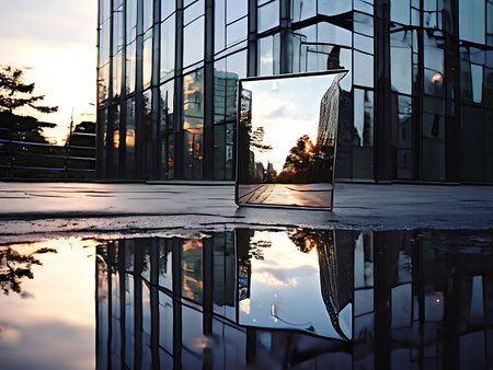 A mirror reflecting a stunning sunset over a cityscape, capturing the beauty of modern architecture and its reflection in a puddle.の素材