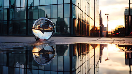 A stunning image of a stainless steel globe sculpture reflecting the sunset and surrounding modern buildings in an urban setting.の素材