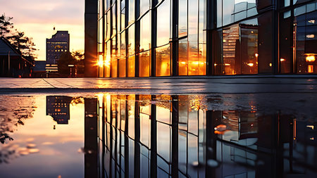 A stunning urban sunset reflected in the windows of a modern office building, creating a serene and picturesque scene with vibrant colors and calm water.の素材