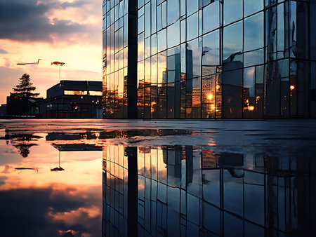 A captivating sunset reflection on the glass windows of a modern skyscraper in an urban cityscape, with the sky painted in hues of orange and blue.の素材