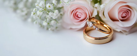 Beautifully captured image of a pair of wedding rings set against a backdrop of soft pink roses and baby's breath, symbolizing love and purity. Perfect for wedding invitations, announcements, and romantic themes.の素材