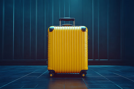 A bright yellow suitcase stands alone on a dark tiled floor with a dark blue curtain background, creating a striking contrast and emphasizing travel and adventure.の素材