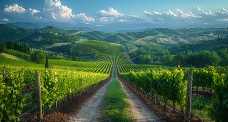 A picturesque vineyard stretches across the foreground, bordered by lush green vines and a dirt path leading into the distance. Rolling hills and mountains create a stunning backdrop under a partly cloudy sky, capturing the serene beauty of the countryside.の素材