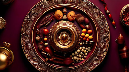 A beautifully arranged collection of various Indian spices on an ornate brass plate, set against a dark background, highlighting the rich cultural heritage and culinary traditions of India.の素材