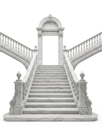 A stunning marble staircase with ornate railings and balustrades leading up to a grand entrance door, exuding luxury and sophistication.の素材