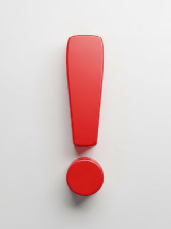 A vibrant red 3D exclamation mark icon standing out against a clean white background, symbolizing importance and attention.の素材