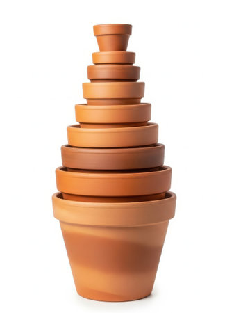 A collection of terracotta pots of varying sizes stacked neatly on top of each other, ideal for gardening and planting. Perfect for home decor and plant lovers.の素材