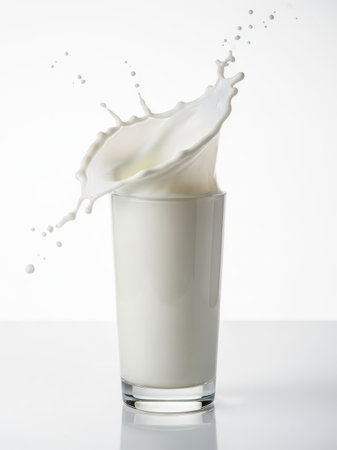 A dynamic image of a glass filled with fresh milk, with a splash of milk creating an artistic pattern against a clean white background.の素材