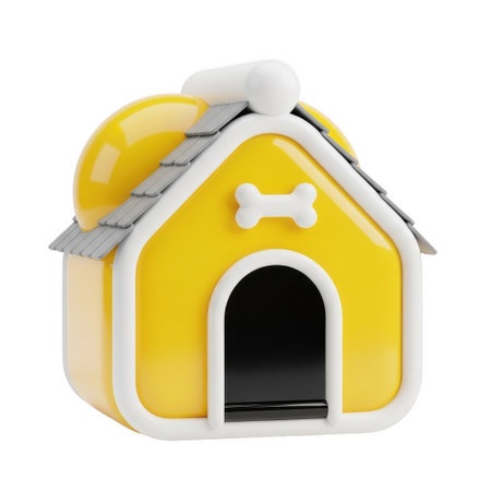 A charming 3D rendering of a bright yellow dog house with a white roof and a bone decoration, perfect for a cozy pet.の素材