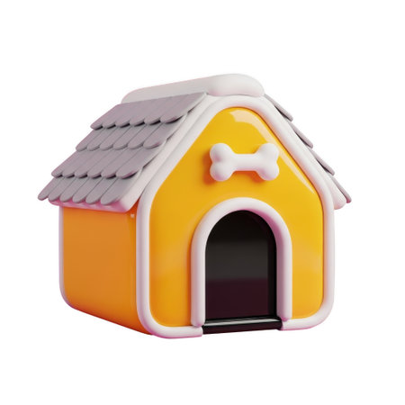 A charming and colorful 3D rendering of a dog house with bright yellow walls, pink trim, and a bone-shaped decoration on the roof, perfect for pets.の素材