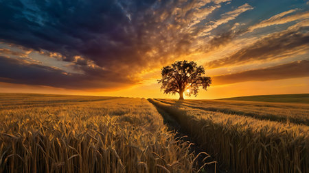 A serene sunset over a vast field of golden wheat, with a solitary tree standing at the end of a winding path.の素材